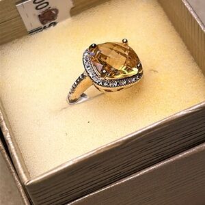 Citrine crystal ring Sz5.5, 18KGP over 925 silver W Real diamonds.  7048-2463